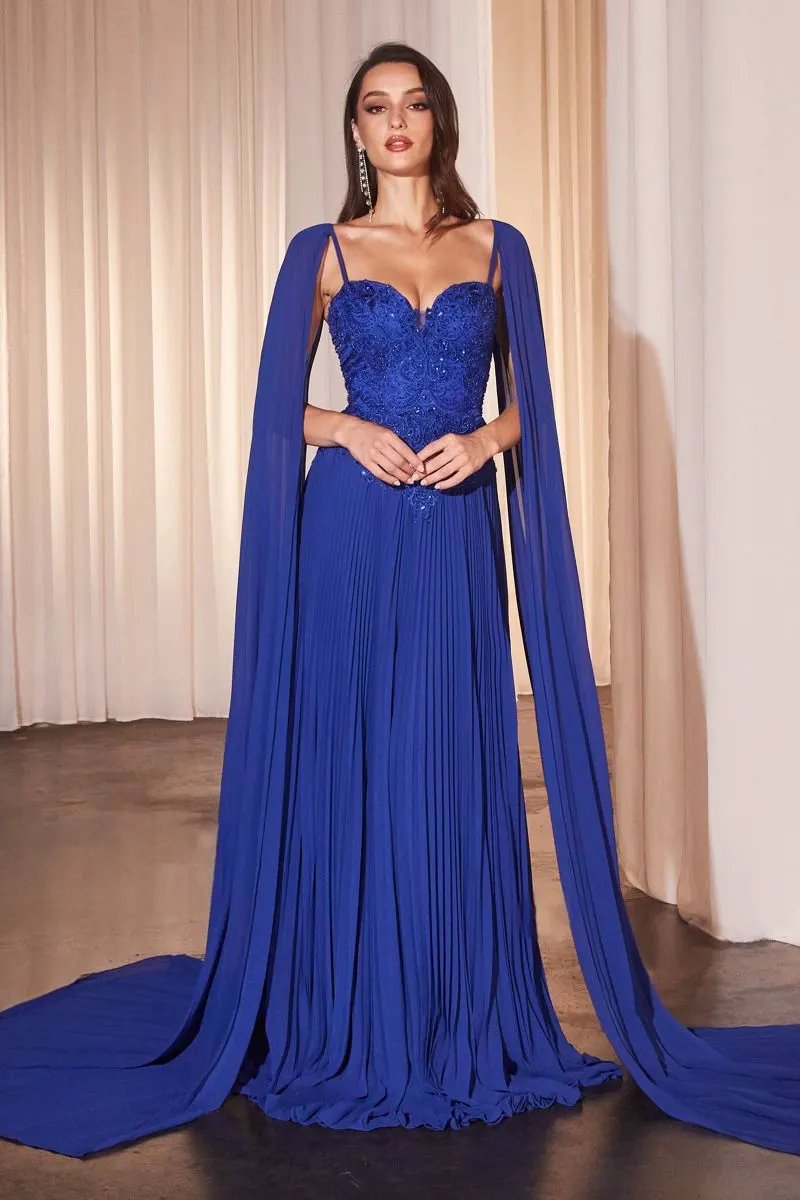 Pleated A-Line Gown With Cape Sleeves by Tux-USA