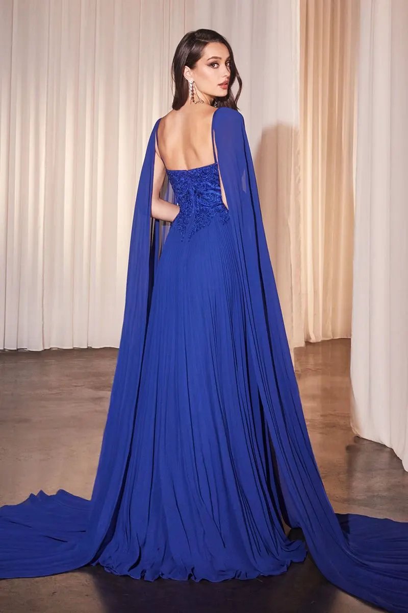 Pleated A-Line Gown With Cape Sleeves by Tux-USA