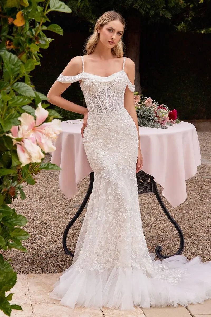 Of The Shoulder Fitted Lace Bridal Gown by Tux-USA