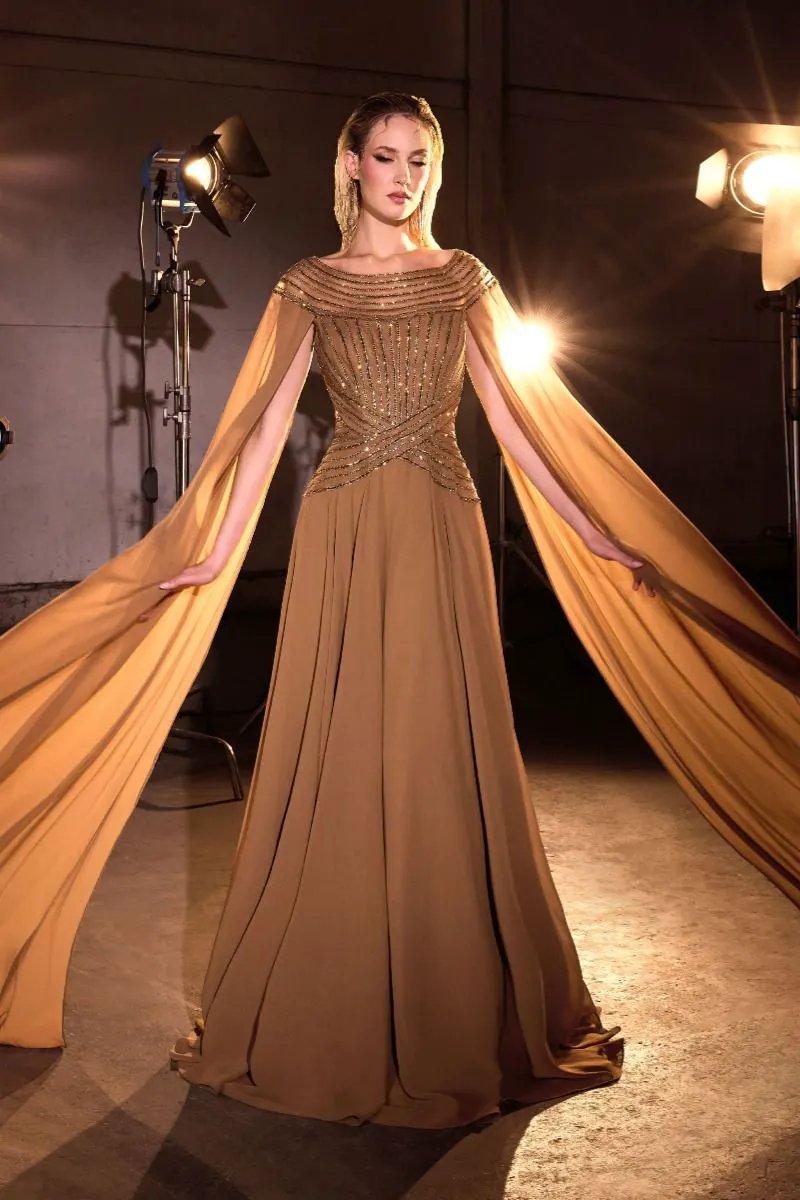 A-Line Evening Gown with a Bateau Neckline and a Beaded Bodice by Tux-USA
