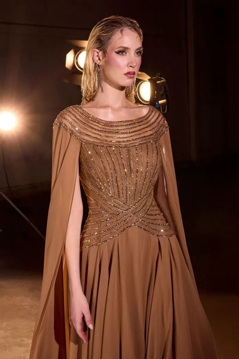 A-Line Evening Gown with a Bateau Neckline and a Beaded Bodice by Tux-USA