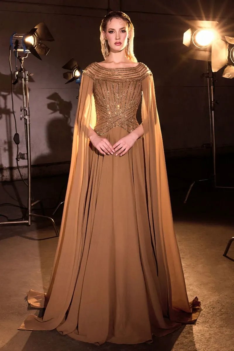 A-Line Evening Gown with a Bateau Neckline and a Beaded Bodice by Tux-USA