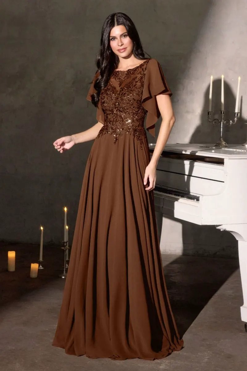 A-Line Silhouette Dress, Illusion Neckline, Sequin Embroidery and Ruffled Sleeves by Tux-USA
