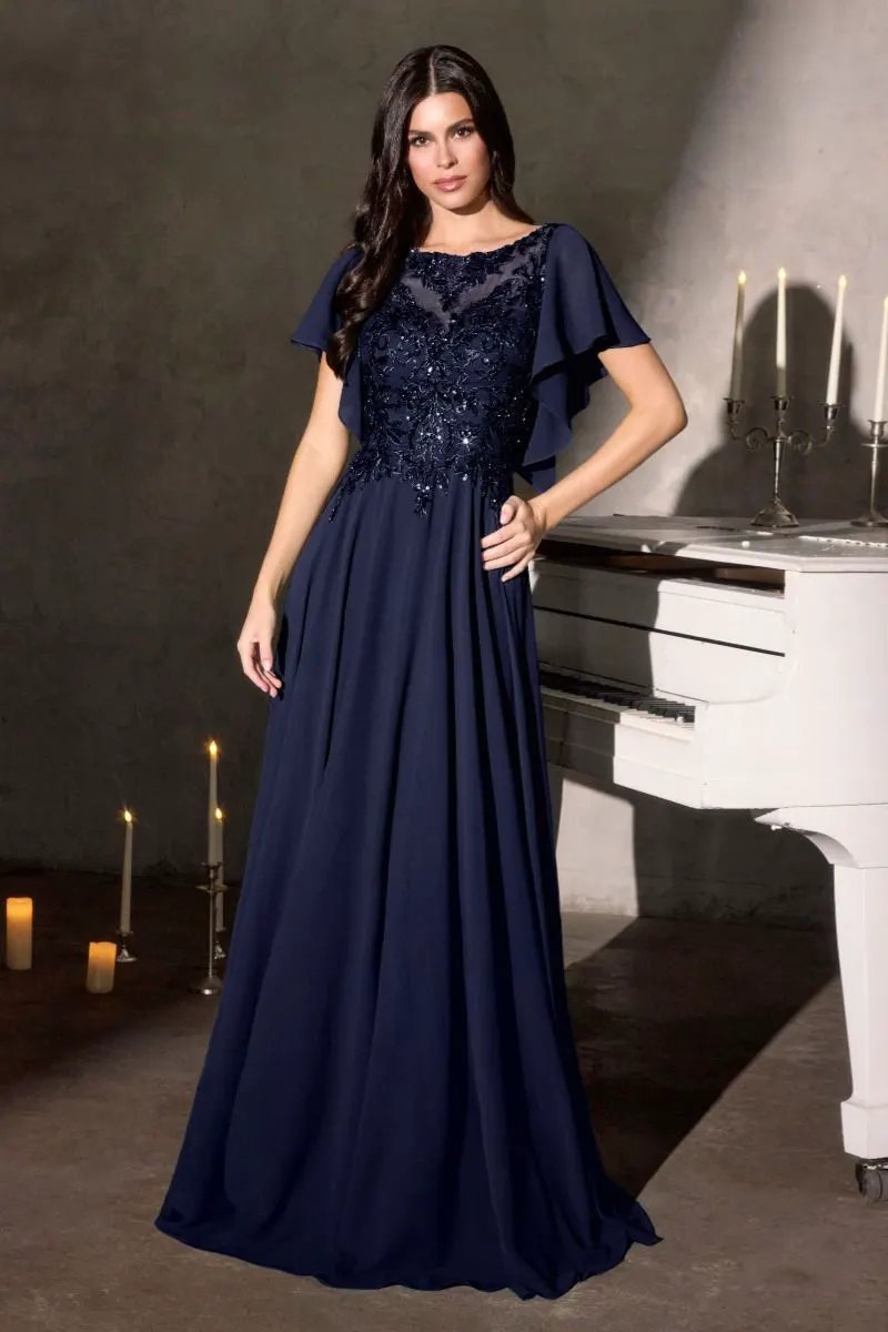 A-Line Silhouette Dress, Illusion Neckline, Sequin Embroidery and Ruffled Sleeves by Tux-USA
