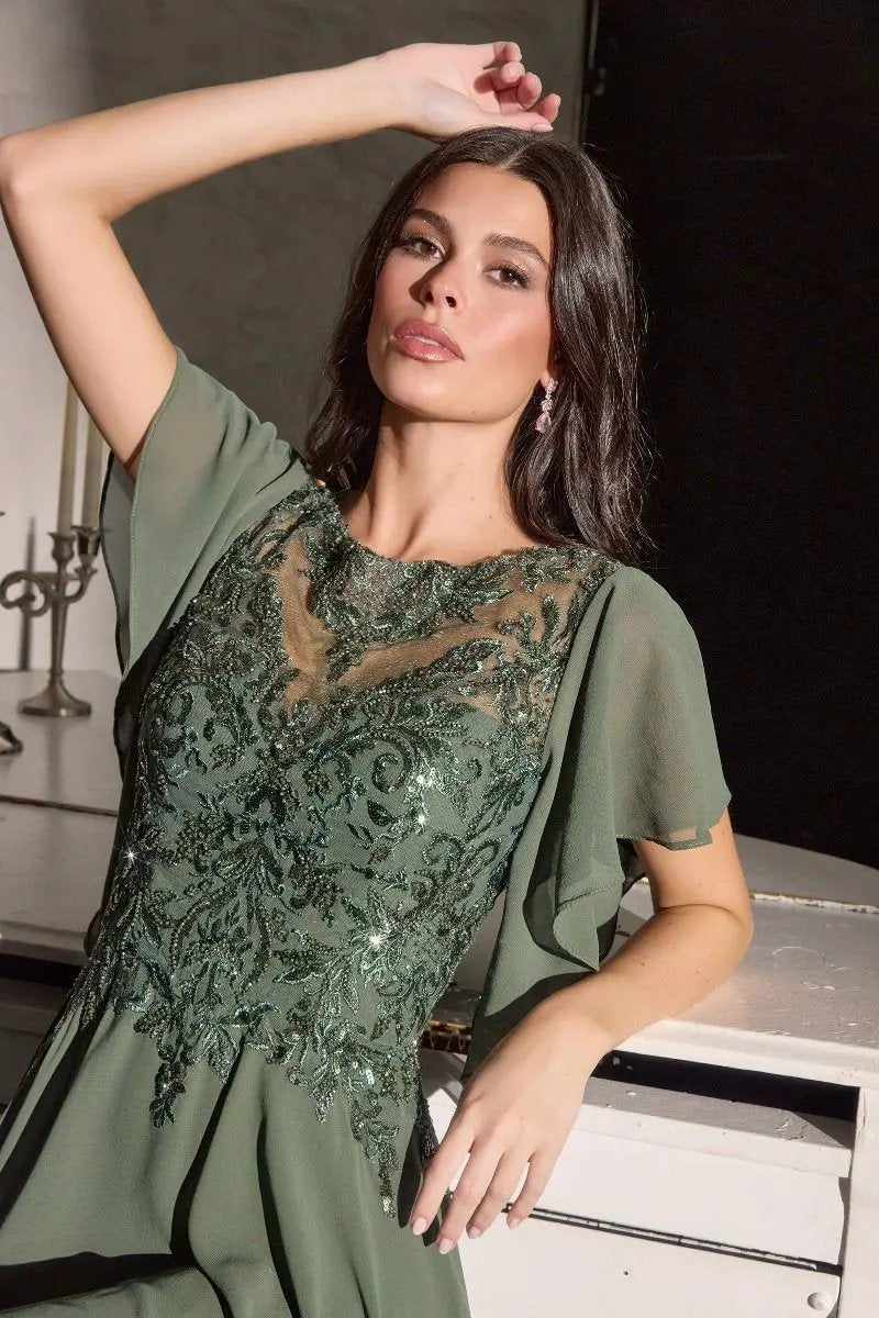 A-Line Silhouette Dress, Illusion Neckline, Sequin Embroidery and Ruffled Sleeves by Tux-USA