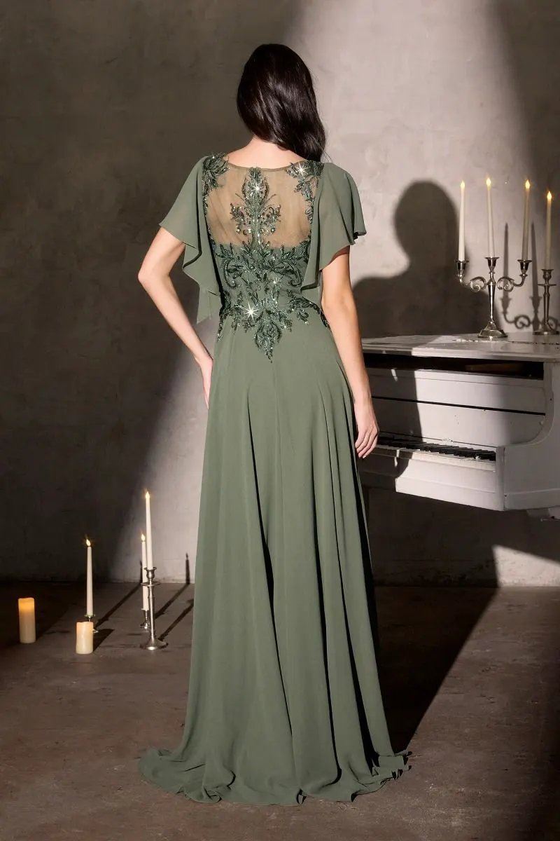 A-Line Silhouette Dress, Illusion Neckline, Sequin Embroidery and Ruffled Sleeves by Tux-USA