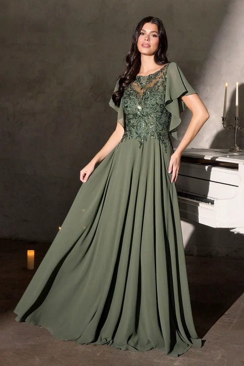 A-Line Silhouette Dress, Illusion Neckline, Sequin Embroidery and Ruffled Sleeves by Tux-USA