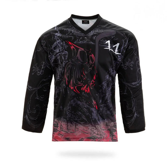 Custom Black Red Warrior Graphic Ice Hockey Jersey by Vimost Sportswear