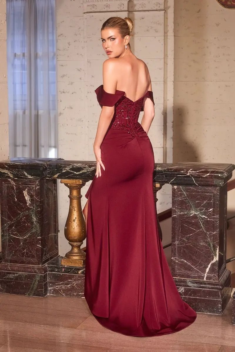 Fitted Gown Off-The-Shoulder Neckline and Sculpted Beaded Bodice by Tux-USA