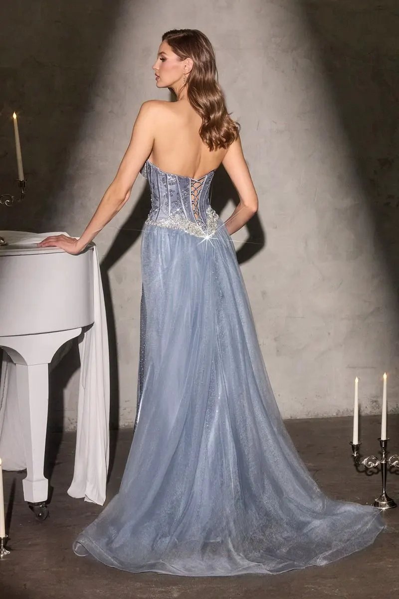 Strapless Fitted Dress Beaded Corset Bodice Satin Skirt Slit Detachable Tulle Overskirt by Partner Label