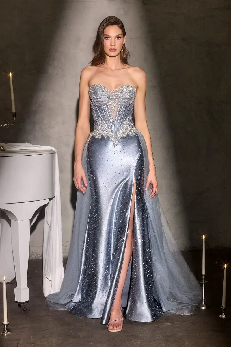 Strapless Fitted Dress Beaded Corset Bodice Satin Skirt Slit Detachable Tulle Overskirt by Partner Label