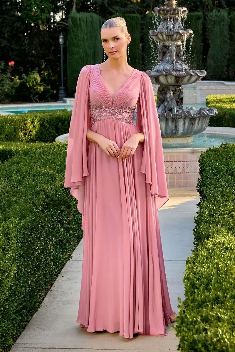 Flowing Chiffon Gown a Pleated V-Neckline and a Beaded Waistline by Tux-USA