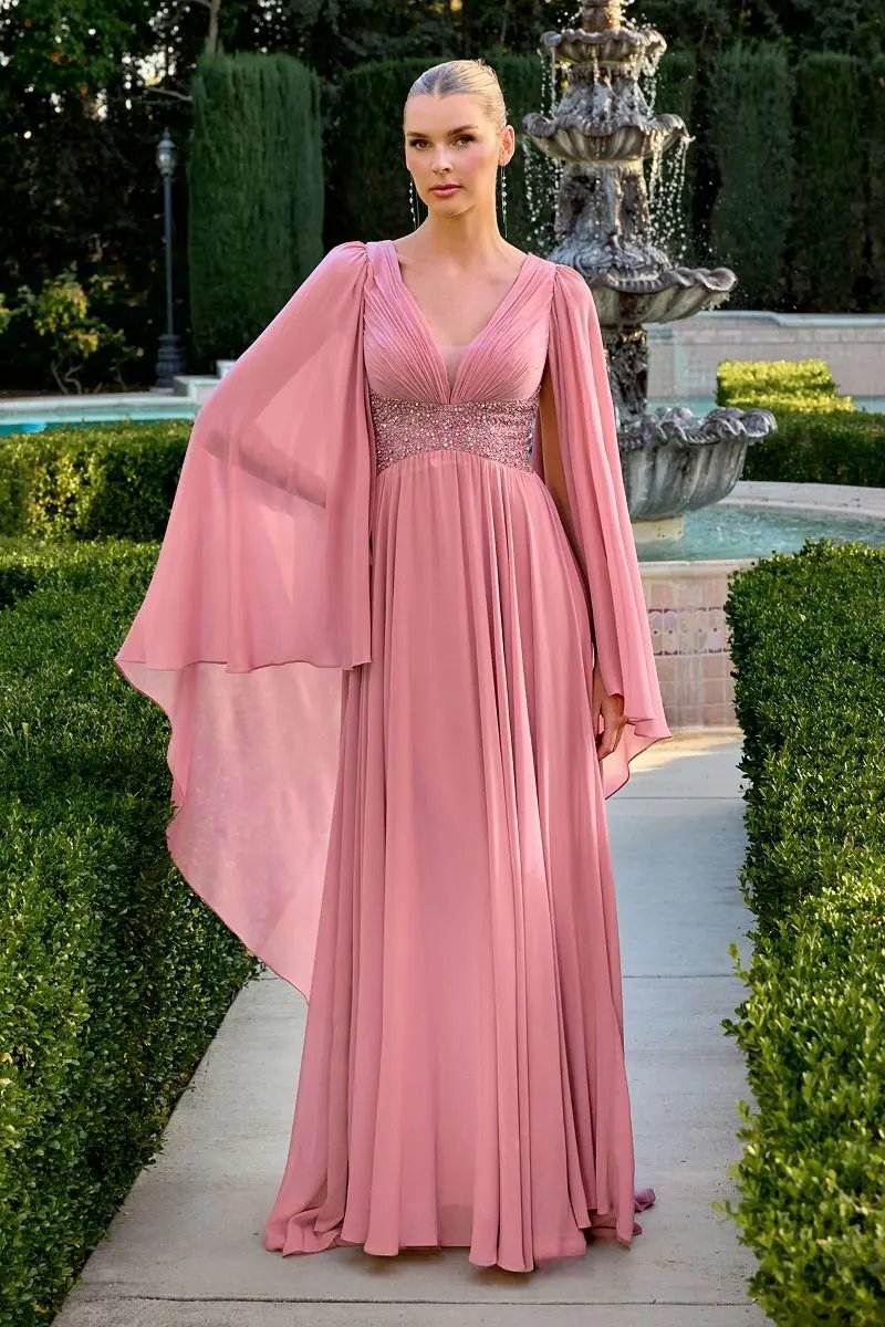 Flowing Chiffon Gown a Pleated V-Neckline and a Beaded Waistline by Tux-USA