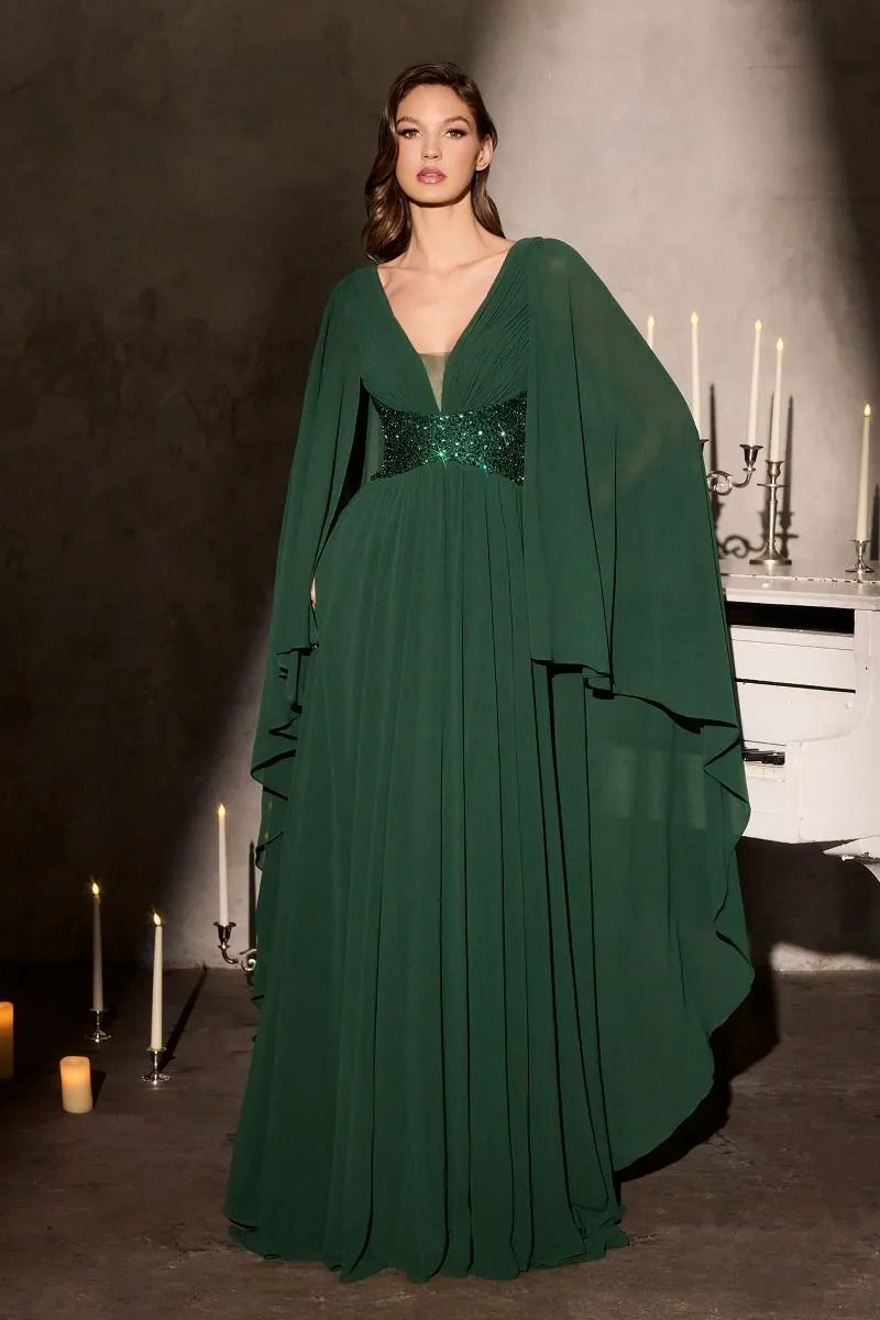 Flowing Chiffon Gown a Pleated V-Neckline and a Beaded Waistline by Tux-USA