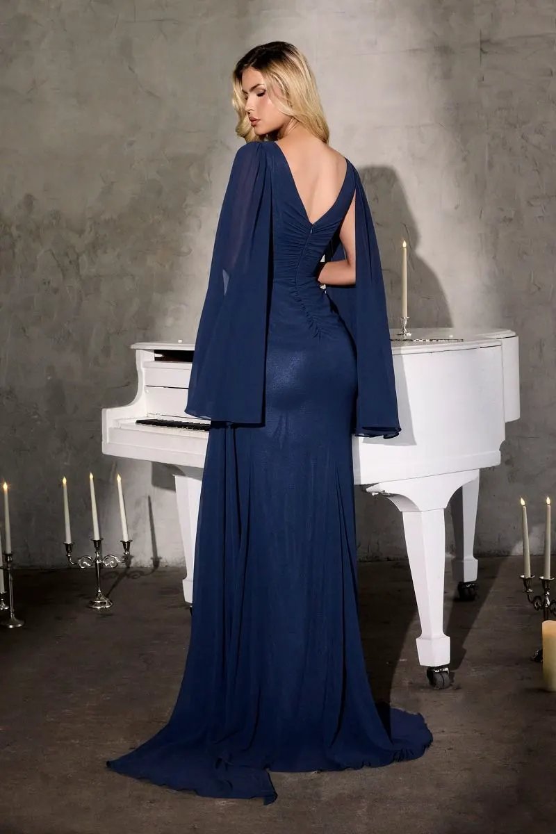 Dress with Draped V-Neck and long Cape-Style Sleeves by Tux-USA