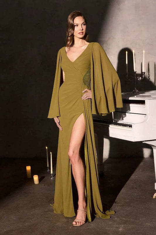 Dress with Draped V-Neck and long Cape-Style Sleeves by Tux-USA