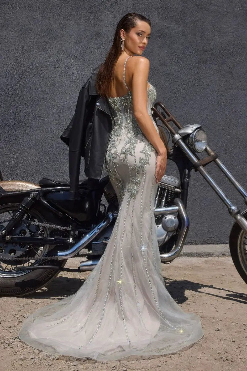 Fitted Evening Gown Sweetheart Neckline Crystal Beaded Bodice Sheer Train Open Back by Tux-USA