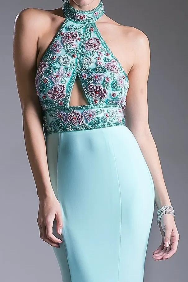 Fitted Jersey Gown with Beaded Halter Neckline by Tux-USA