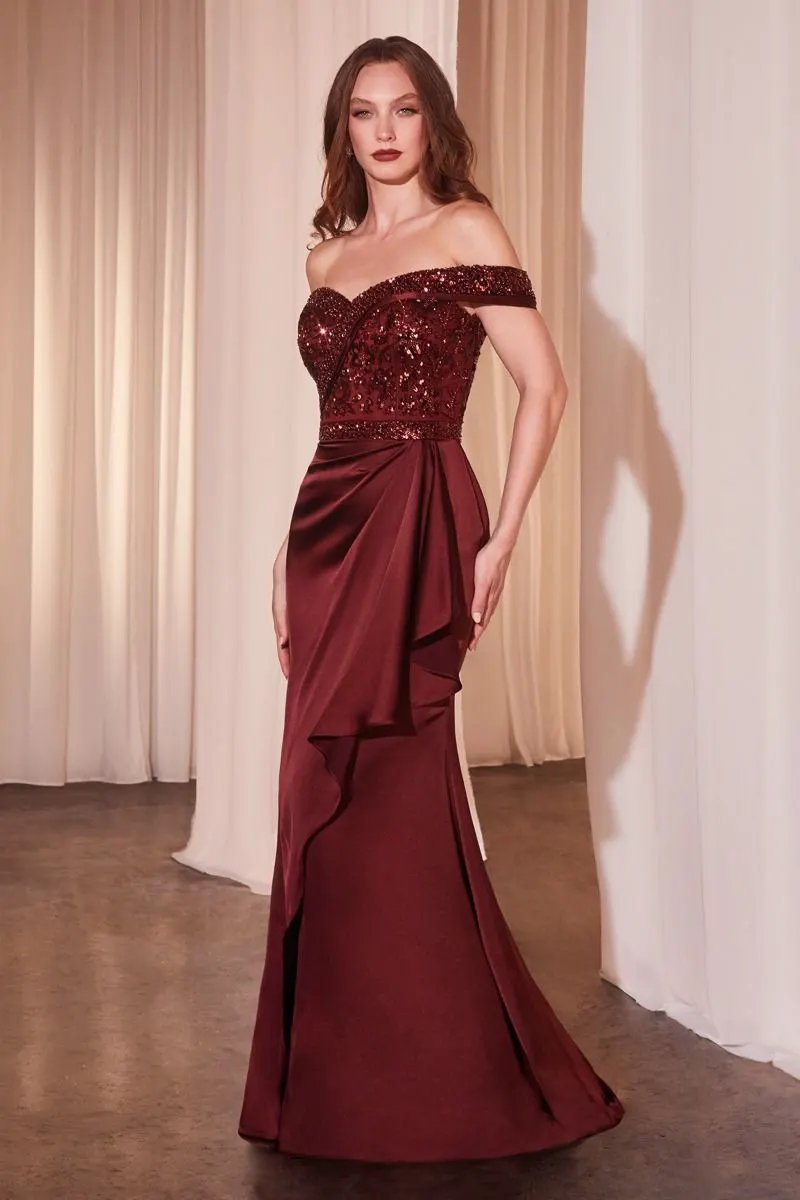 Off The Shoulder Satin & Beaded Gown by Tux-USA