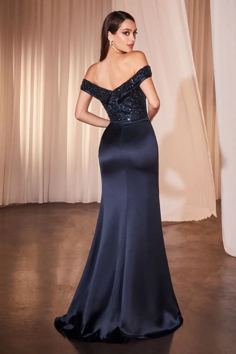 Off The Shoulder Satin & Beaded Gown by Tux-USA