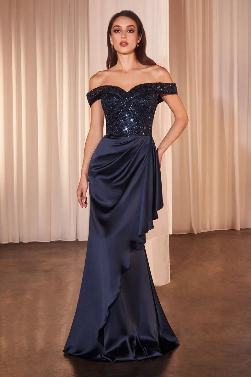 Off The Shoulder Satin & Beaded Gown by Tux-USA