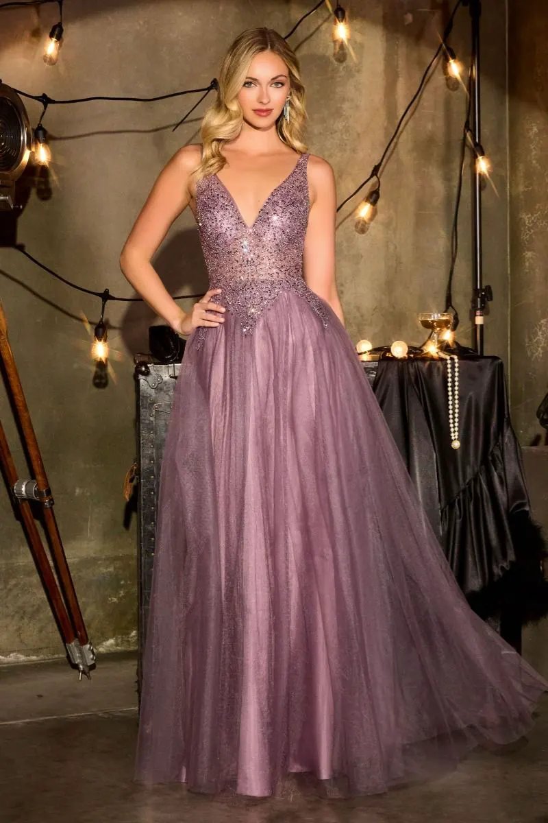 A-Line Dress Deep V-Neck Beaded Bodice Layered Tulle Skirt Low Back by Tux-USA