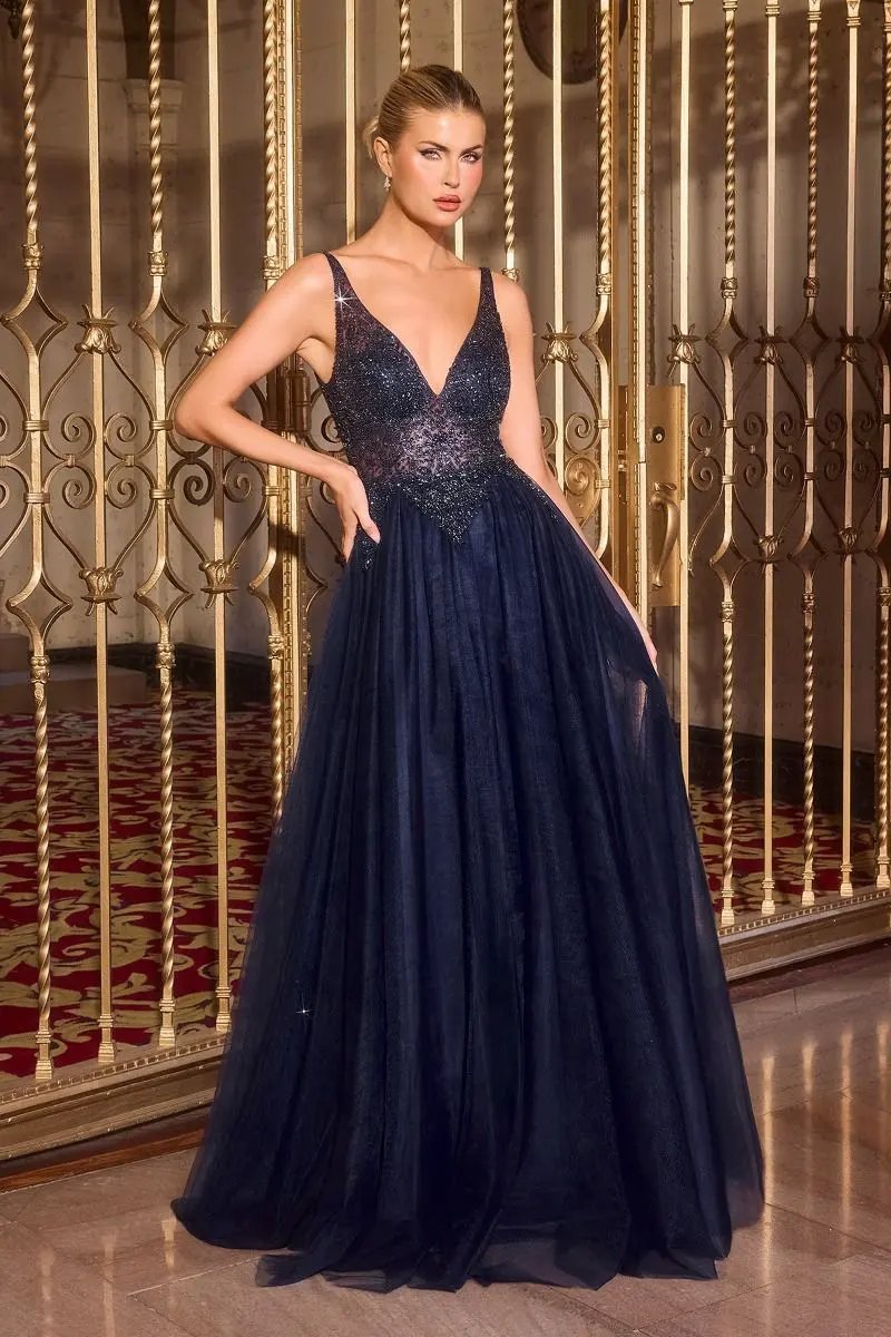 A-Line Dress Deep V-Neck Beaded Bodice Layered Tulle Skirt Low Back by Tux-USA