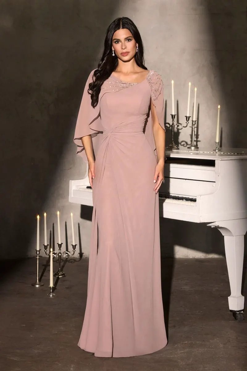 Classic Column Silhouette with Soft Draped Overlay and Cape-Style Sleeves by Tux-USA