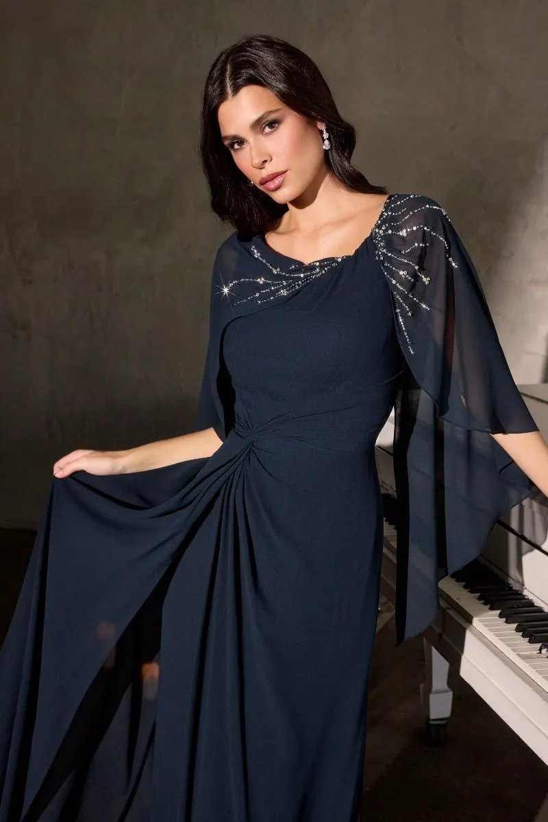 Classic Column Silhouette with Soft Draped Overlay and Cape-Style Sleeves by Tux-USA