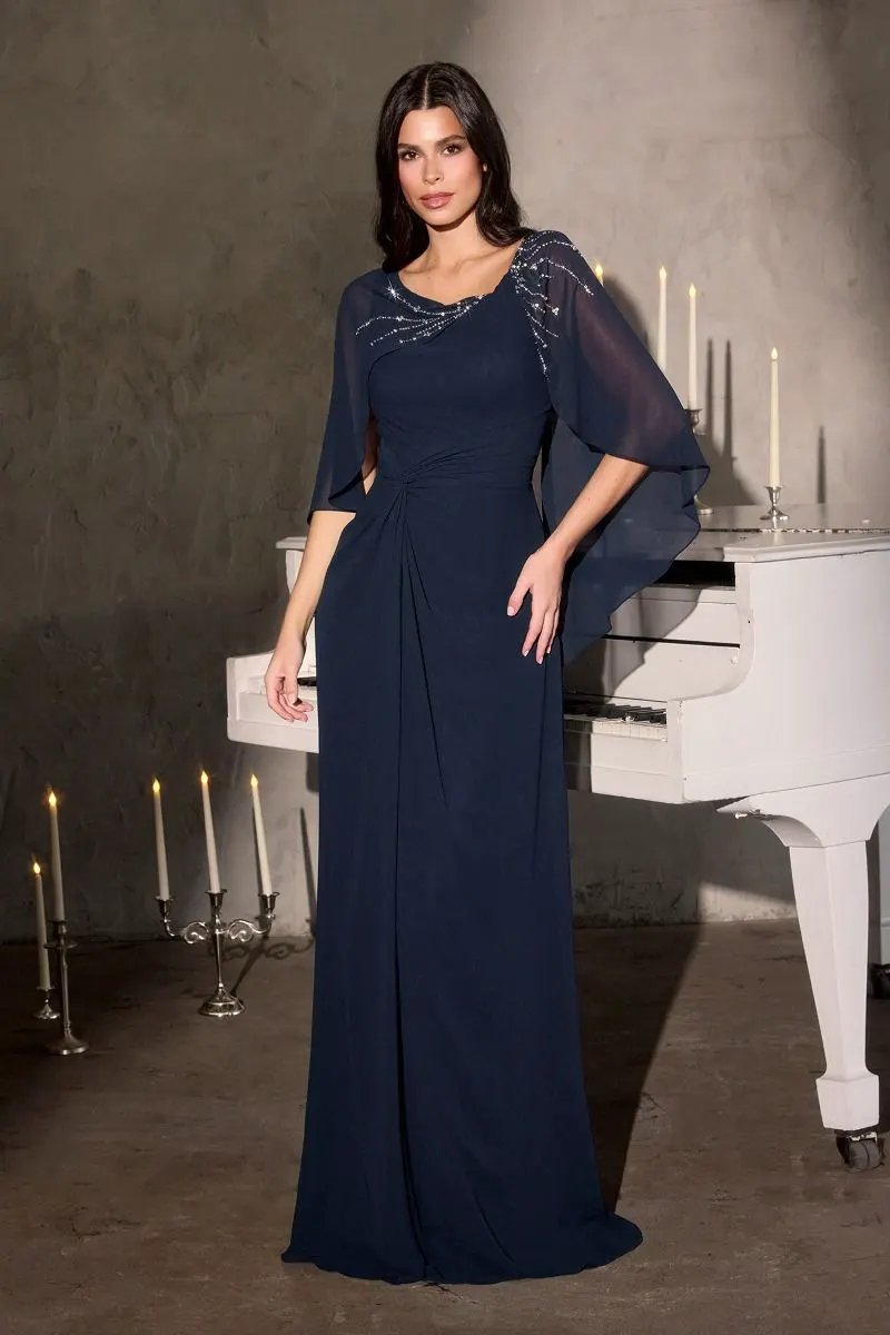 Classic Column Silhouette with Soft Draped Overlay and Cape-Style Sleeves by Tux-USA