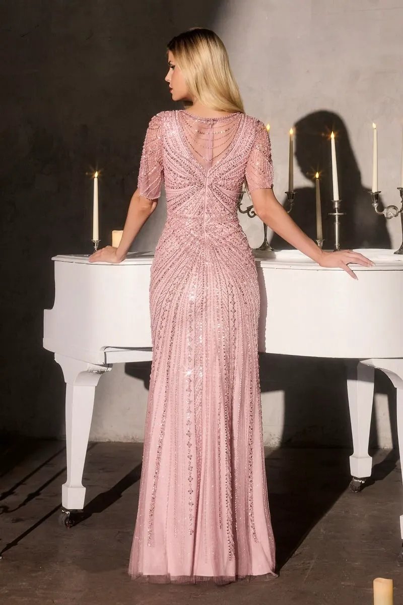 Gown Sheath With Scooped Illusion Neckline And Short Sleeves by Tux-USA