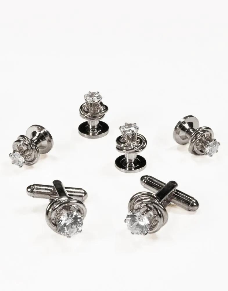 Crystal in Gold or Silver Loveknot Studs and Cufflinks Set by Tux-USA