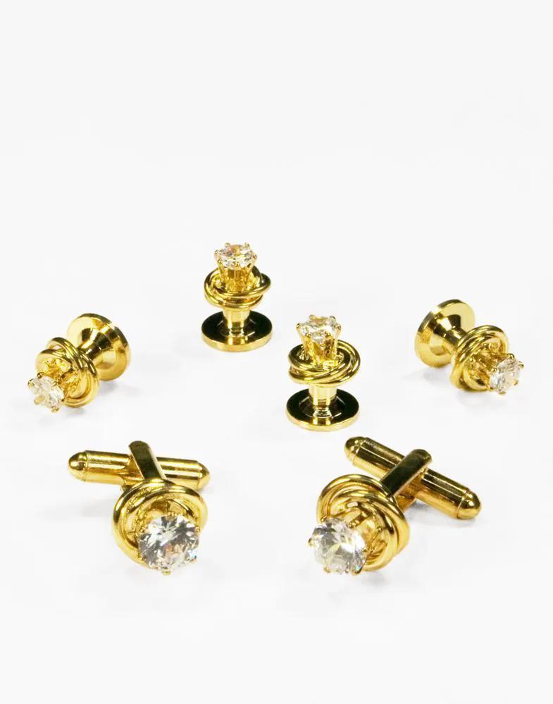 Crystal in Gold or Silver Loveknot Studs and Cufflinks Set by Tux-USA