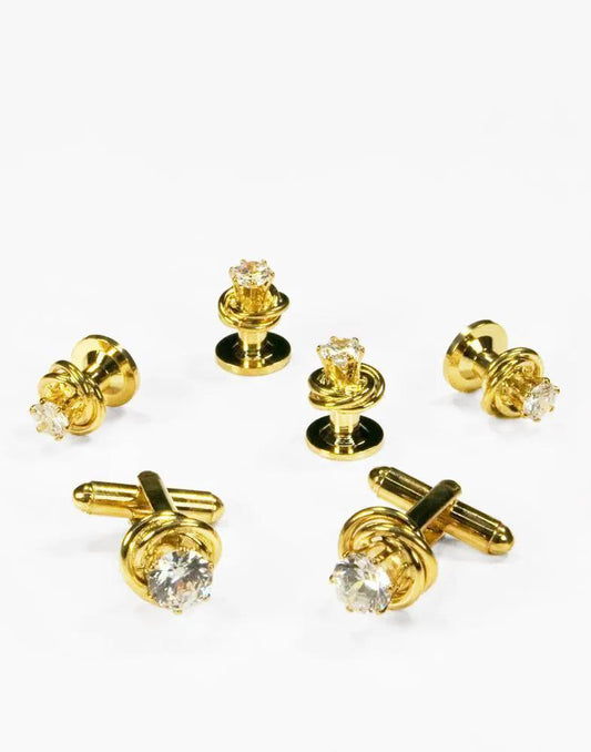 Crystal in Gold or Silver Loveknot Studs and Cufflinks Set by Tux-USA