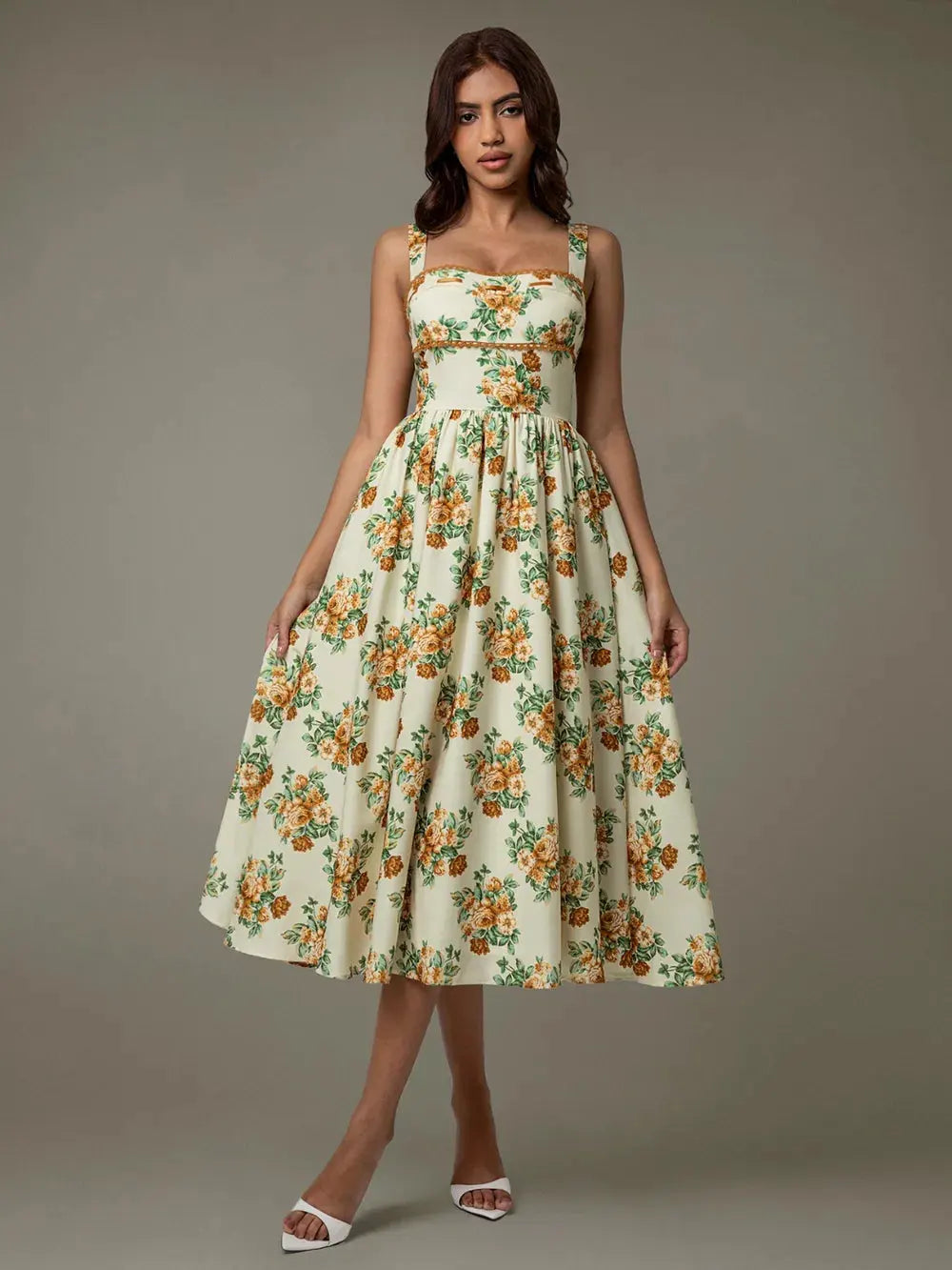 Lace Trim Floral Sleeveless Midi Dress by Partner Label