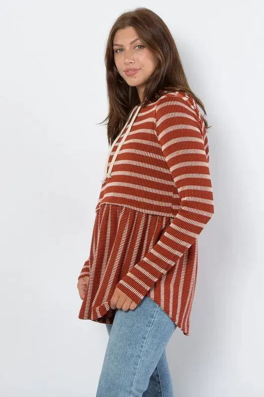 Be Stage Full Size Drawstring Striped Babydoll Hoodie by BE Stage