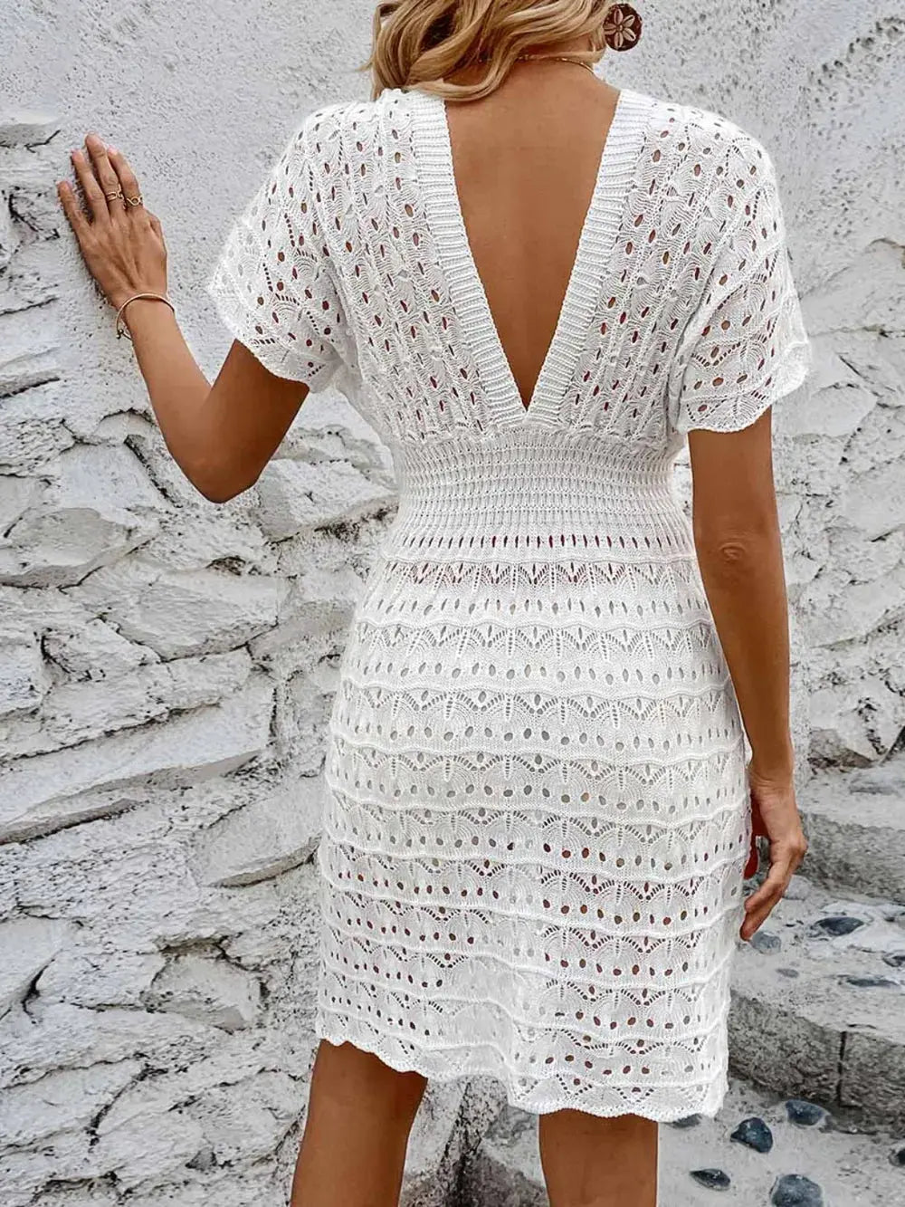Openwork Plunge Short Sleeve Cover-Up Dress by Partner Label