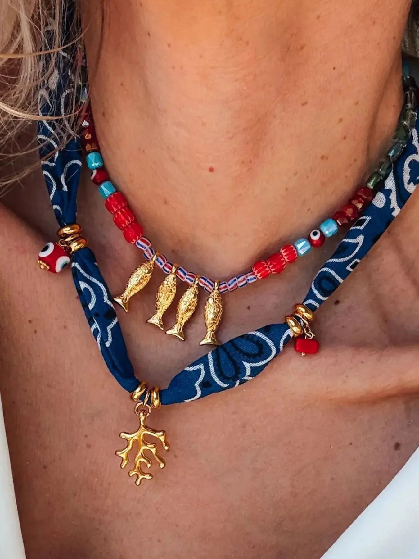 2-Piece Coral and Fish Pendant Necklace by Partner Label