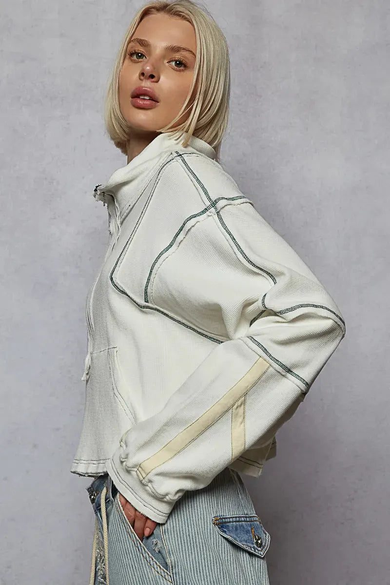 POL Contrast Stitching Zip Front Sweatshirt by POL