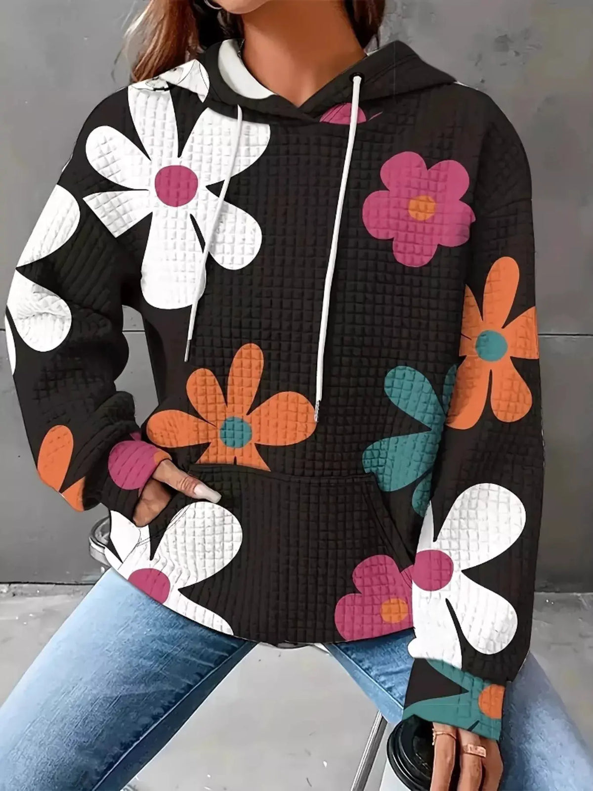 Floral Print Textured Drawstring Hoodie by Partner Label