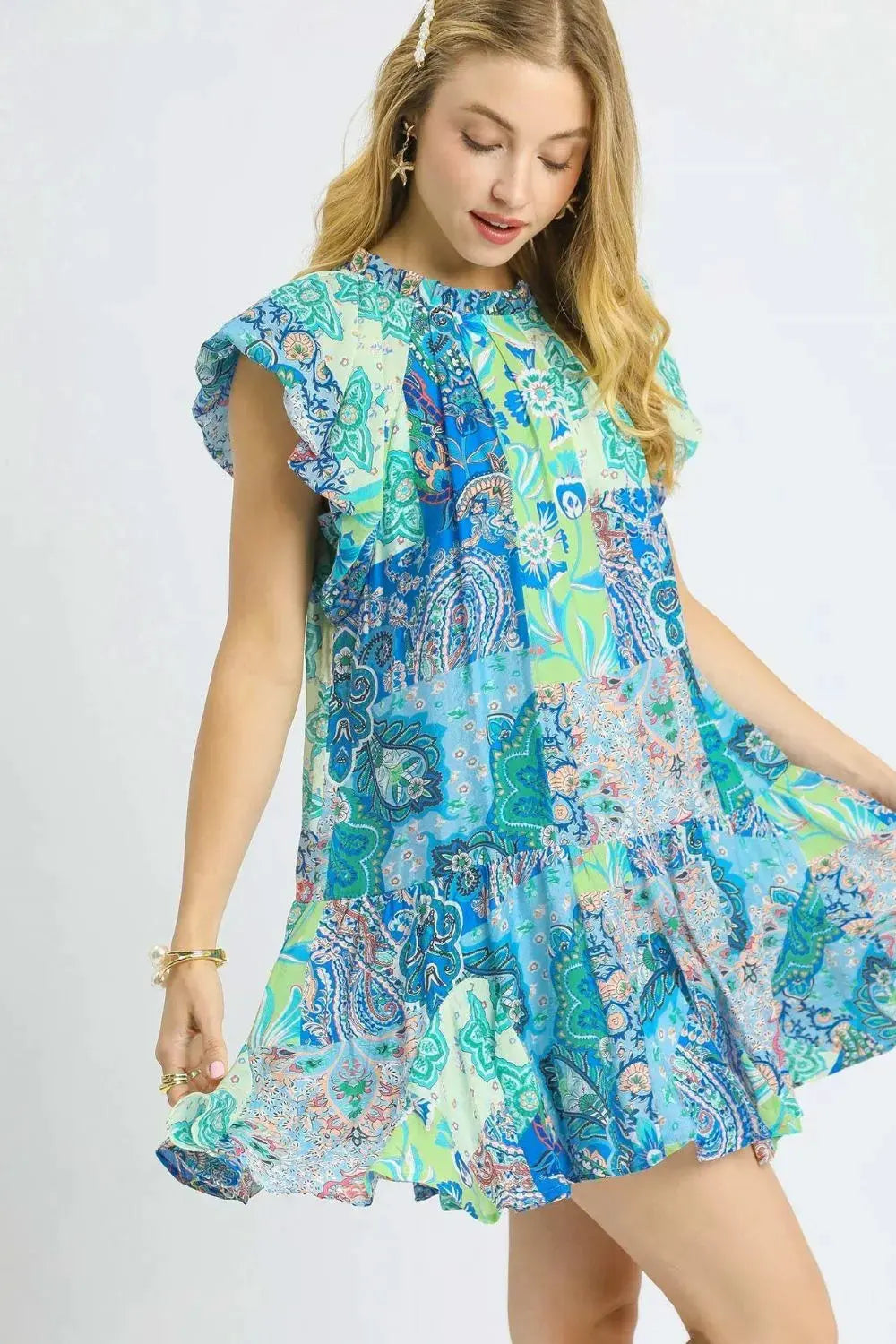 Umgee Printed Ruffle Cap Sleeve Mini Dress by Umgee