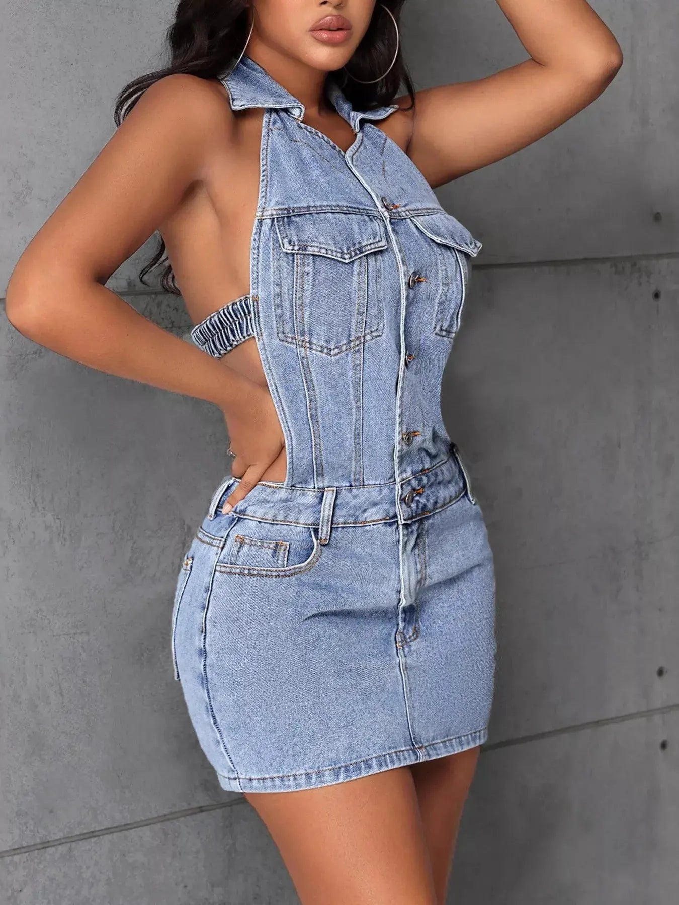 Backless Sleeveless Button Front Denim Mini Dress by Partner Label