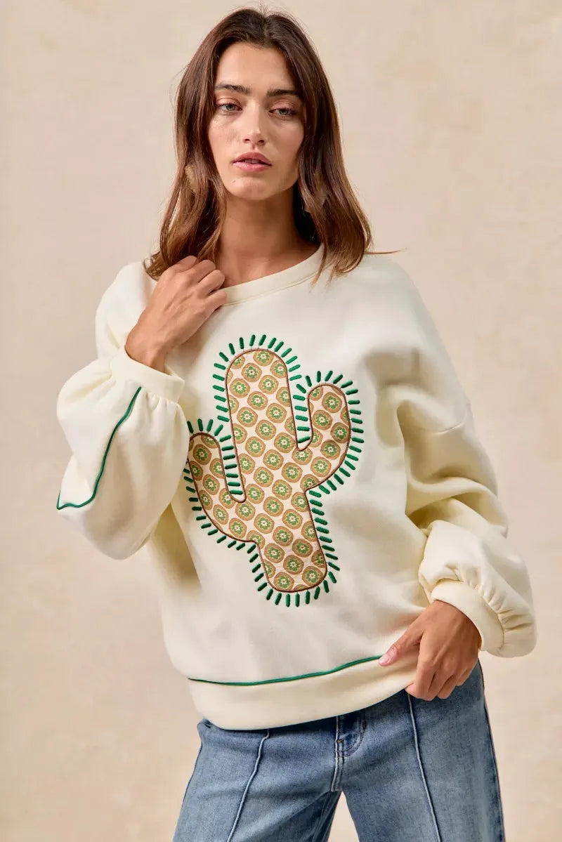 BiBi Cactus Embroidered Fleece Sweatshirt by BiBi
