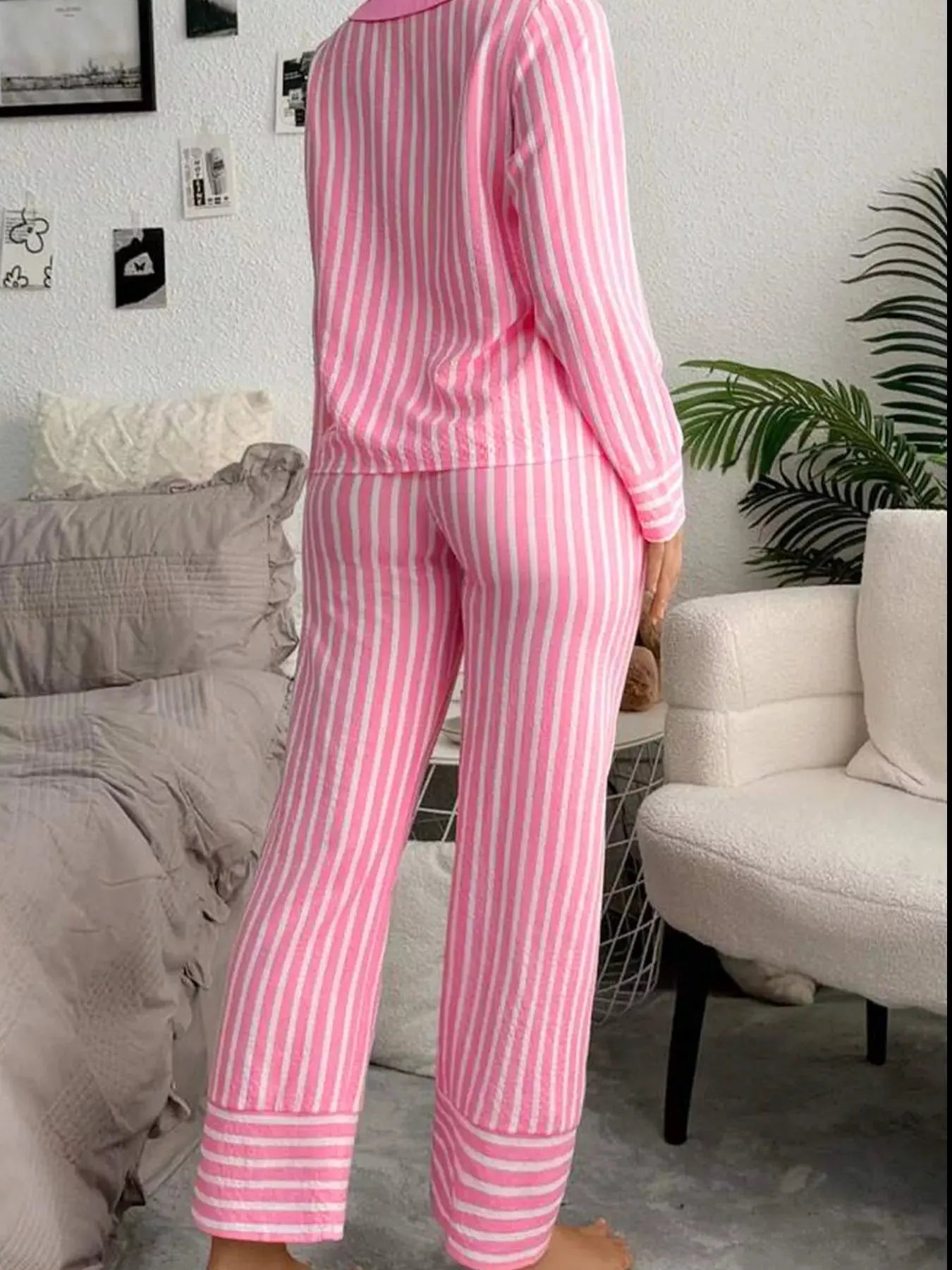 Stripe Buttoned Front Long Sleeve Top and Pants 2 Piece Sleepwear by Partner Label