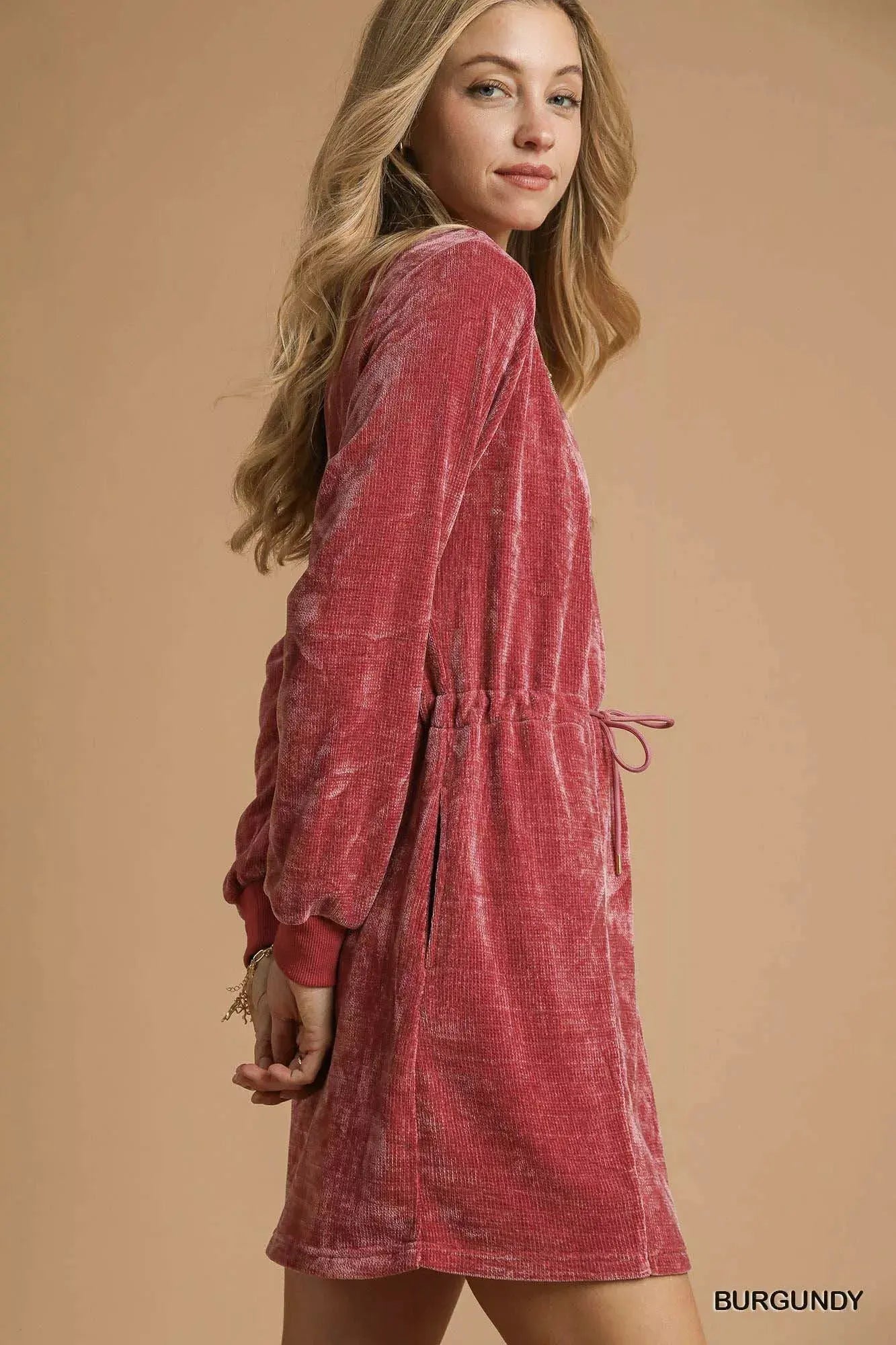 Umgee Velour Drawstring Mini Dress with Long Sleeves by Umgee