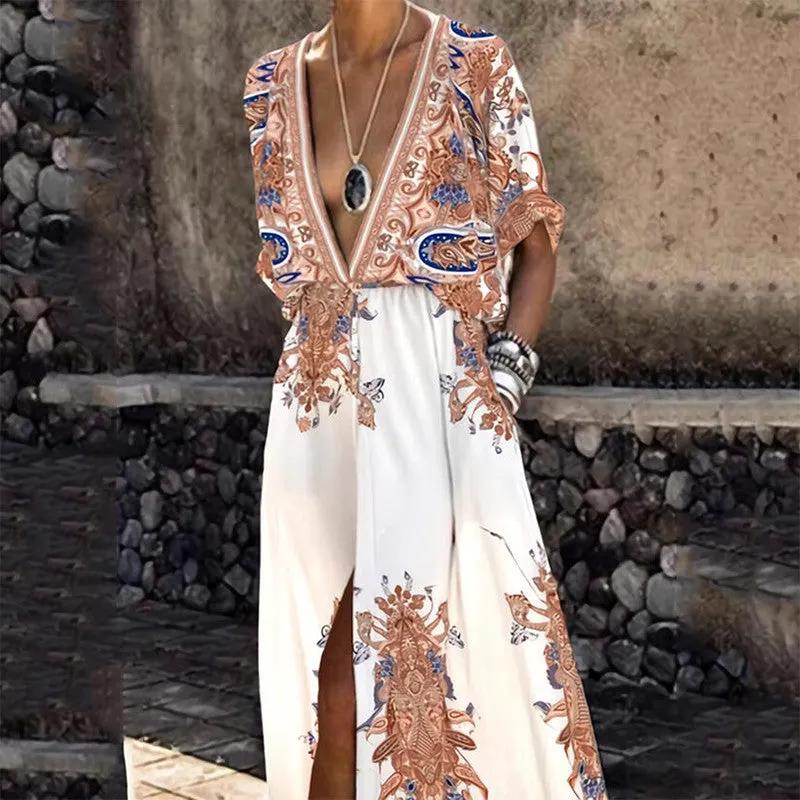 Vintage Pattern Printed Boho Long Dress Women Sexy Deep V by Anybestbuy Store