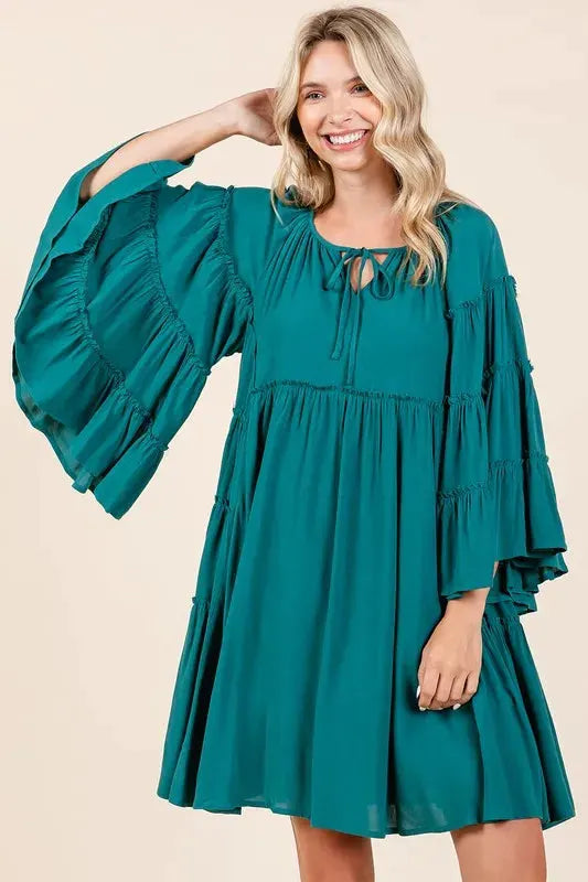 Mittoshop Frill Tie Neck Bell Sleeve Dress by Mittoshop
