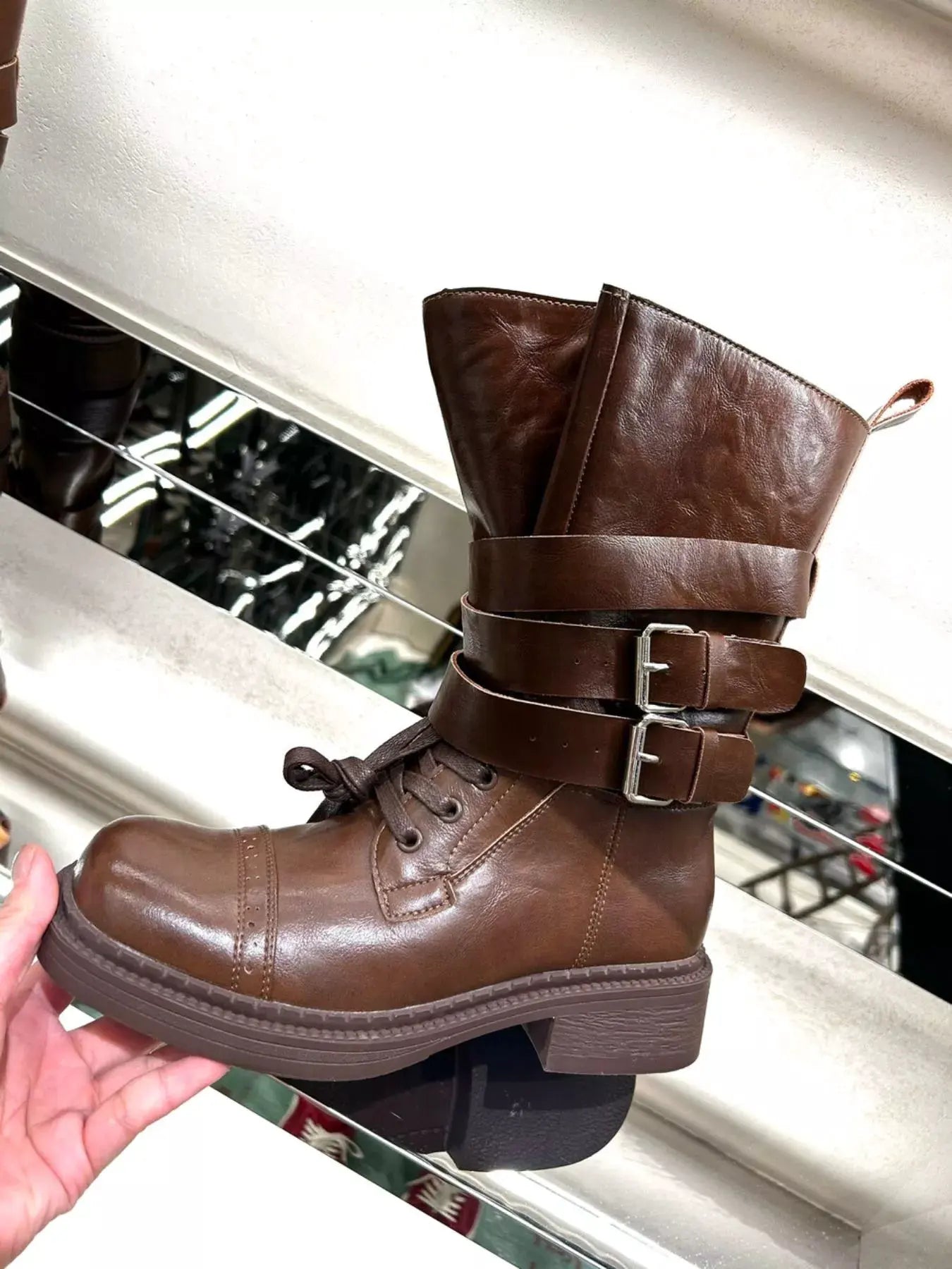 Buckled Leather Block Heel Boots by Partner Label