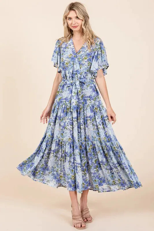 Mittoshop Floral Tie Waist Flutter Sleeve Tiered Dress by Mittoshop
