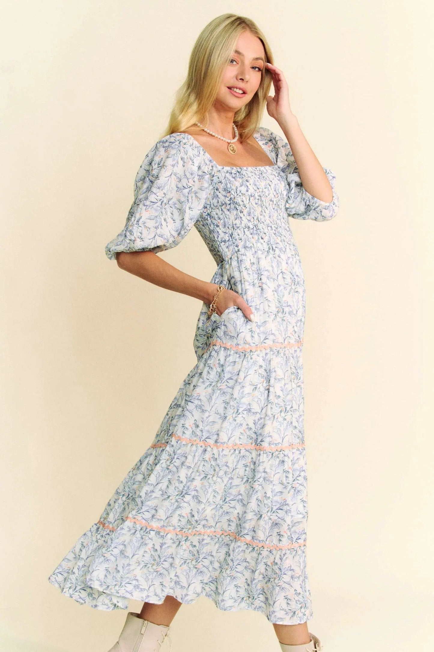 Davi & Dani Contrast Ric Smocking Bodice Tiered Midi Dress by Davi & Dani